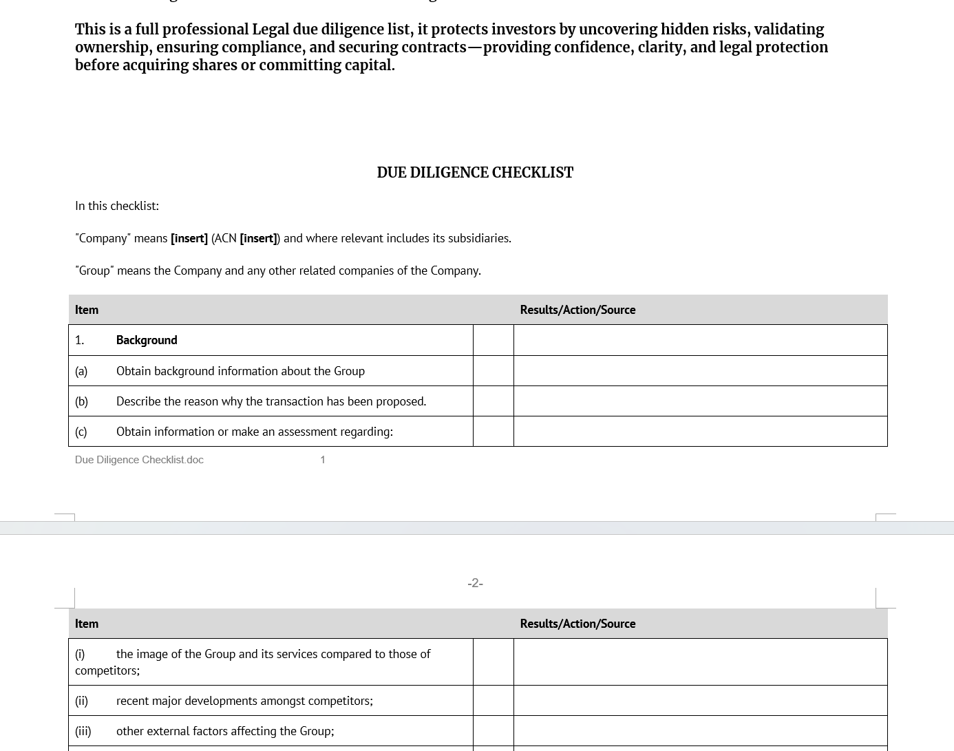 Full Company Due Diligence Checklist